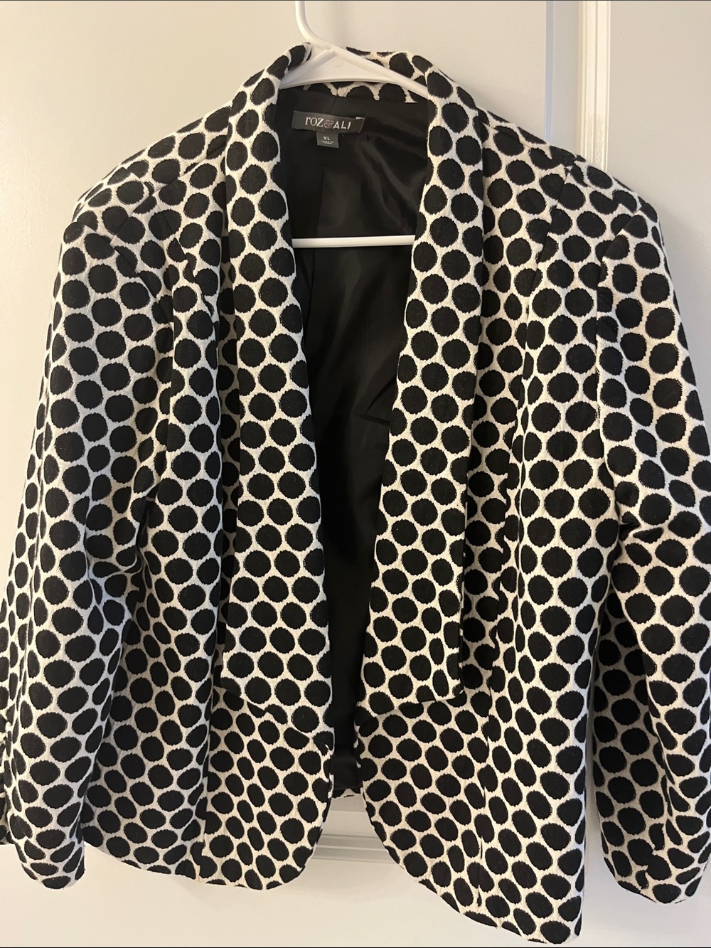 Roz & Ali Black and White Polka Dot Open-Front Blazer